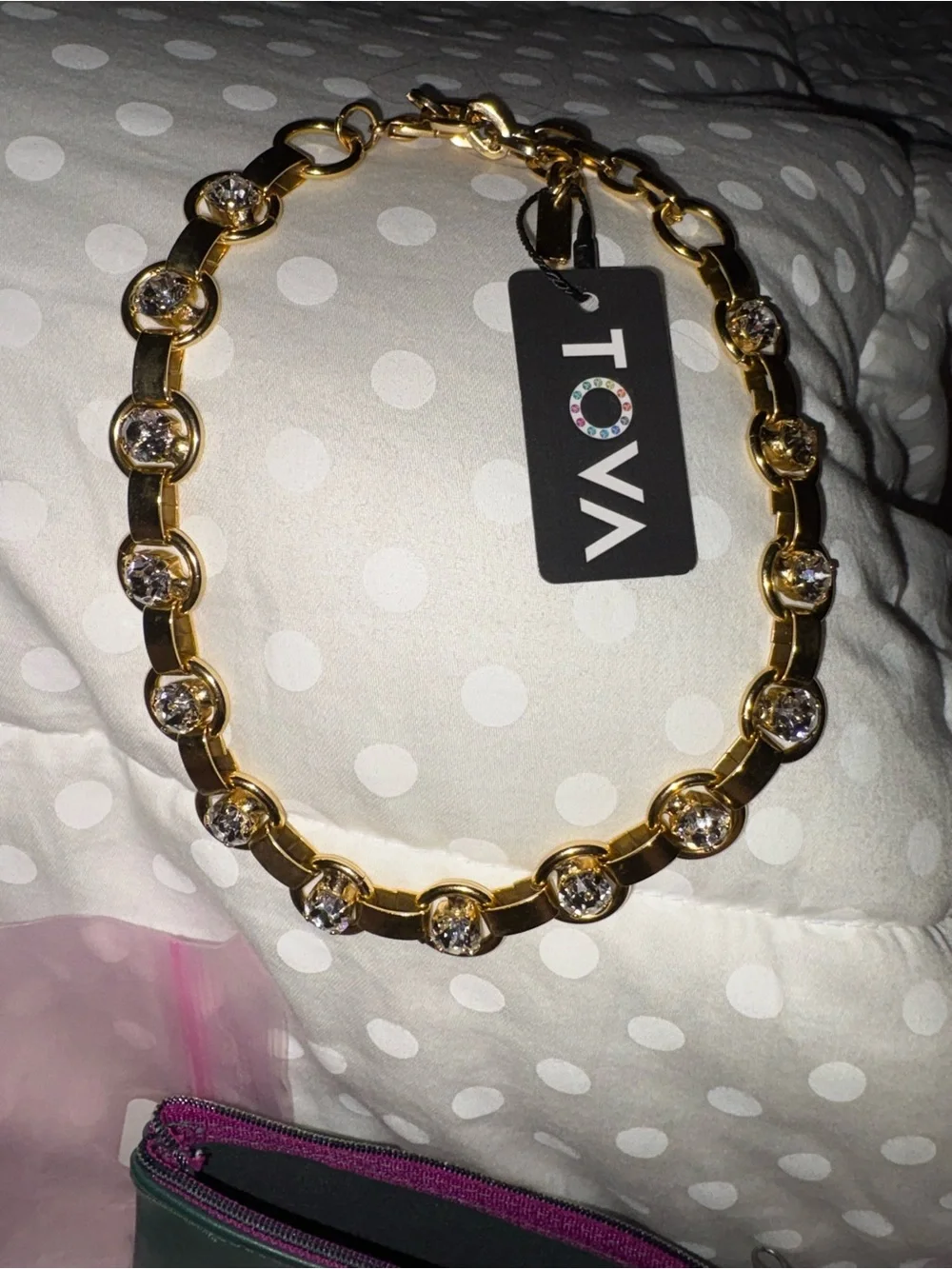 TOVA Link Necklace In Antique Gold Clear NWT